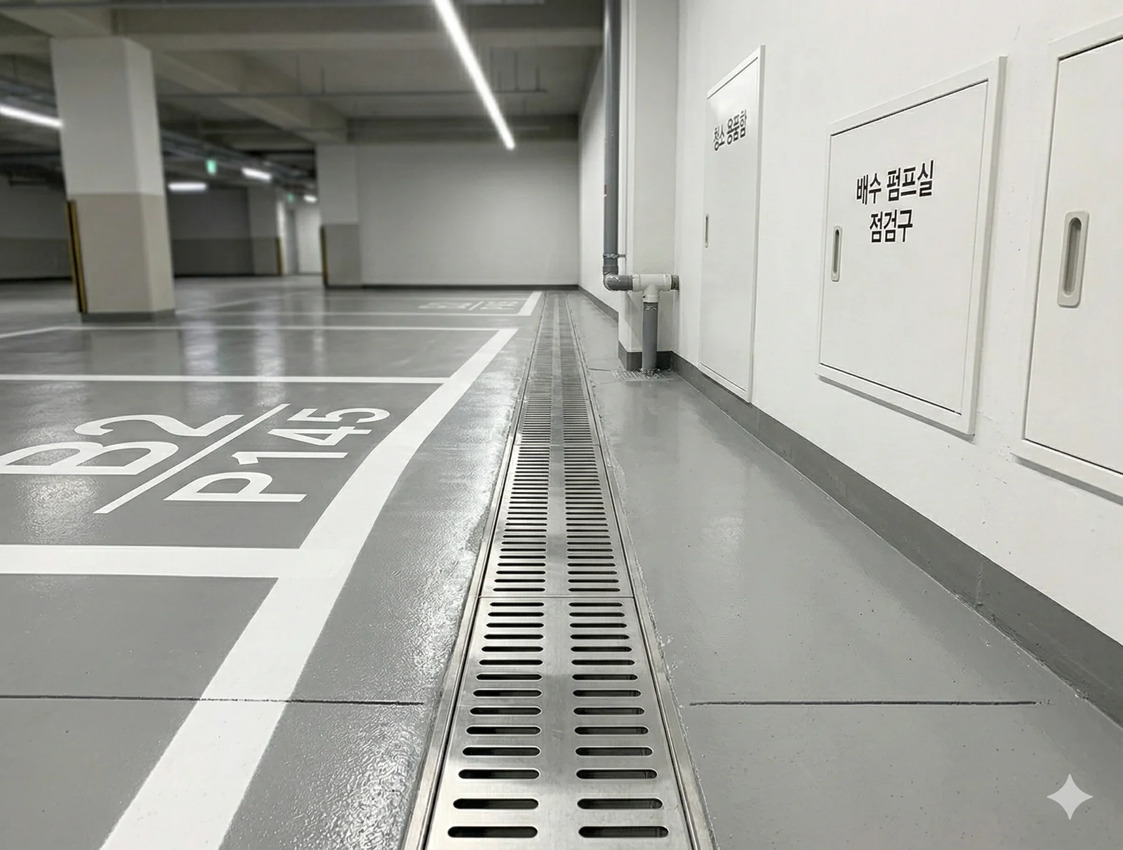 지하주차장 배수구와 공용 환기 트렌치 등 설비 작동을 점검하는 모습