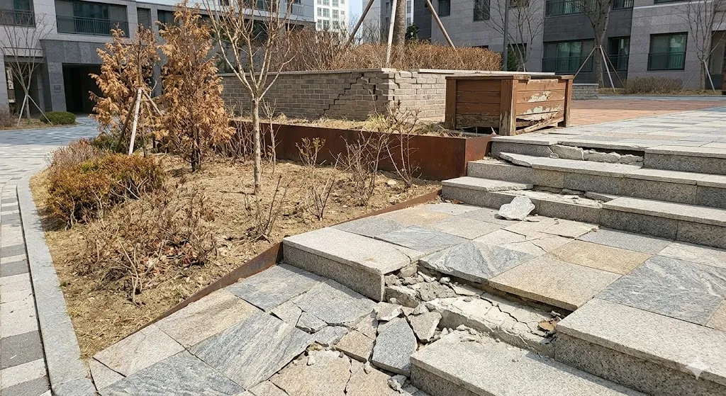 단지 내 조경 수목의 고사 여부와 안전상, 미관상, 기능상, 규격 미달에 해당하는 하자 점검하는 모습